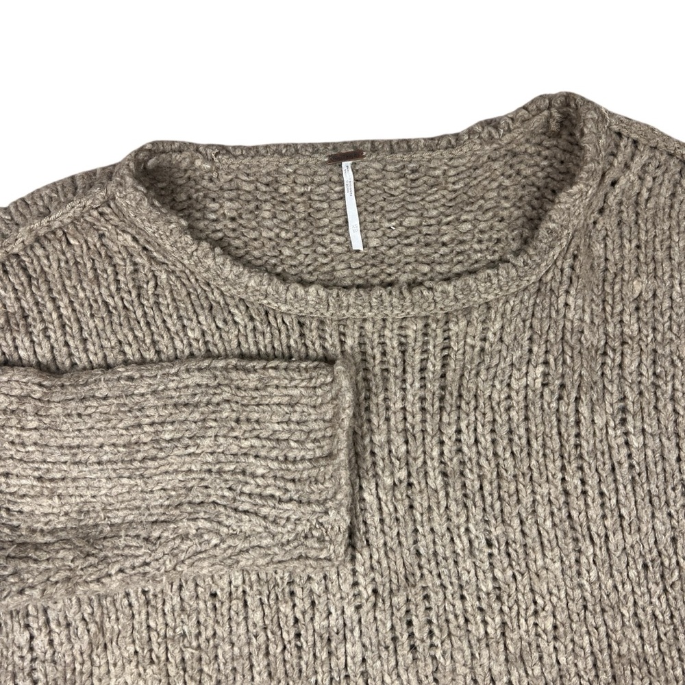 Free People Sweater Womens XS Brown Tan Chunky Knit Relaxed Crew Neck 3/4 Sleeve - Picture 1 of 9